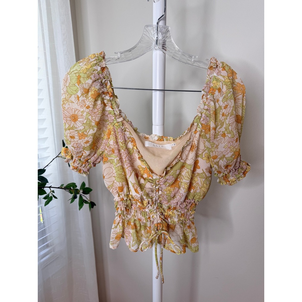 ASTR The Label Floral Puff Sleeve Ruched Crop Top Orange Yellow Green Womens M - Picture 3 of 6